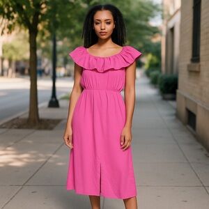 Ava & Viv Pink Ruffled Midi Dress with side pockets and side slit